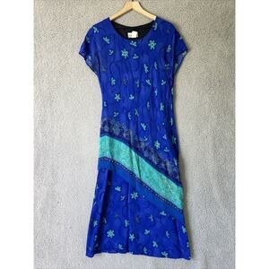Vintage 80s Maxi Dress Womens M L Blue Floral Asymettrical Layered Colorful Boho